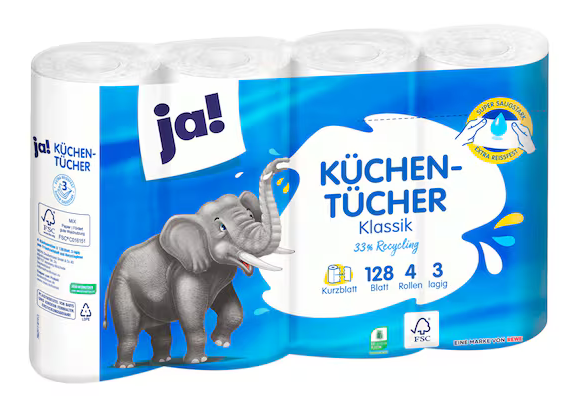 JA! Küchentücher - 8 Rollen a 128 Blatt - 3-lagig